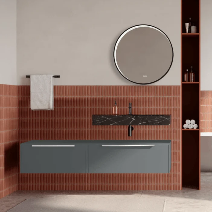 Set mobilier baie suspendat gri mat, lavoar negru si oglinda rotunda, manere crom, 140 cm, SaviniDue Iconica