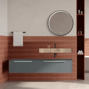 Set mobilier baie suspendat gri mat, lavoar imitatie lemn si oglinda rotunda, manere crom, 140 cm, SaviniDue Iconica