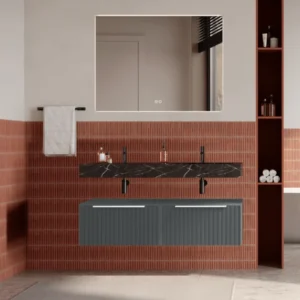 Set mobilier baie suspendat gri, riflaje Cannetatto, lavoar negru si oglinda, manere albe, 120 cm, SaviniDue Iconica