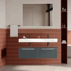 Set mobilier baie suspendat gri, riflaje Cannetatto, lavoar alb si oglinda, manere albe, 120 cm, SaviniDue Iconica