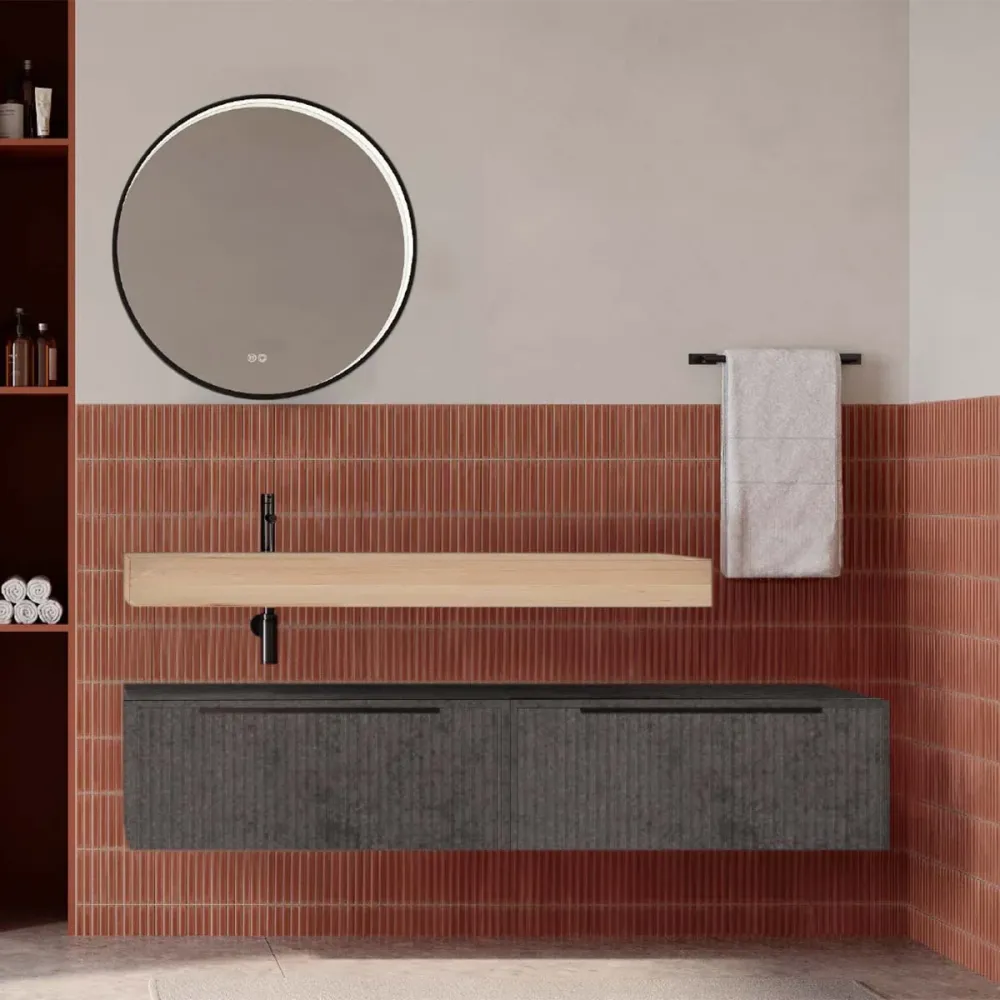 Set mobilier baie suspendat gri urban mat cu lavoar imitație lemn și oglindă, cu riflaje cannetatto, 160 cm, SaviniDue Ico...