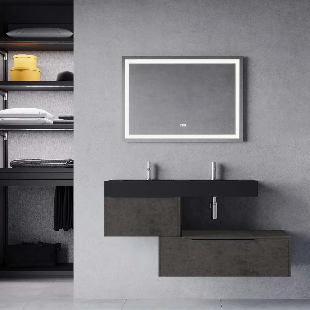 Set mobilier baie suspendat gri urban, lavoar negru mat și oglinda, 140 cm, SaviniDue Iconica