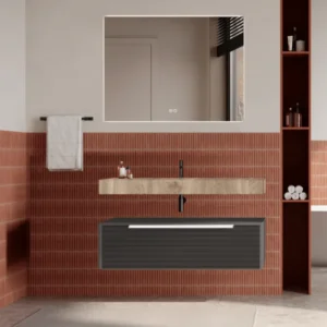 Set mobilier baie suspendat gri urban, riflaje Dogato, lavoar imitatie lemn și oglinda, manere albe, 100 cm, SaviniDue Ico...