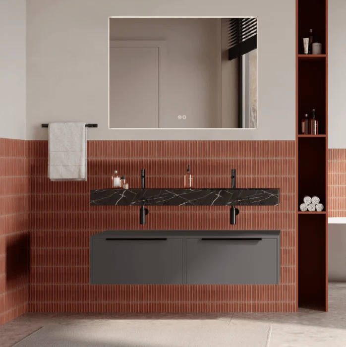 Set mobilier baie suspendat gri urban, lavoar negru si oglinda, manere negre, 120 cm, SaviniDue Iconica