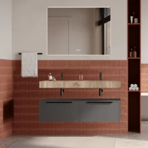 Set mobilier baie suspendat gri urban, lavoar imitatie lemn si oglinda, manere negre, 120 cm, SaviniDue Iconica