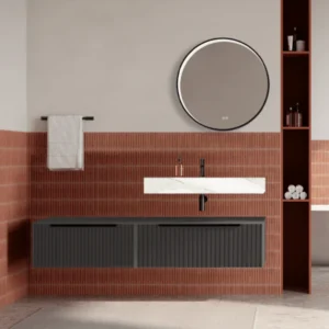 Set mobilier baie suspendat gri urban, riflaje Cannetatto, lavoar alb si oglinda rotunda, manere negre, 140 cm, SaviniDue...