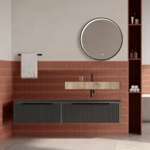 Set mobilier baie suspendat gri urban, riflaje Cannetatto, lavoar imitatie lemn si oglinda rotunda, manere negre, 140 cm,...