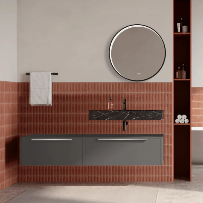 Set mobilier baie suspendat gri urban, lavoar negru si oglinda rotunda, manere otel inoxidabil, 140 cm, SaviniDue Iconica