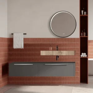 Set mobilier baie suspendat gri urban, lavoar imitatie lemn si oglinda rotunda, manere otel inoxidabil, 140 cm, SaviniDue...