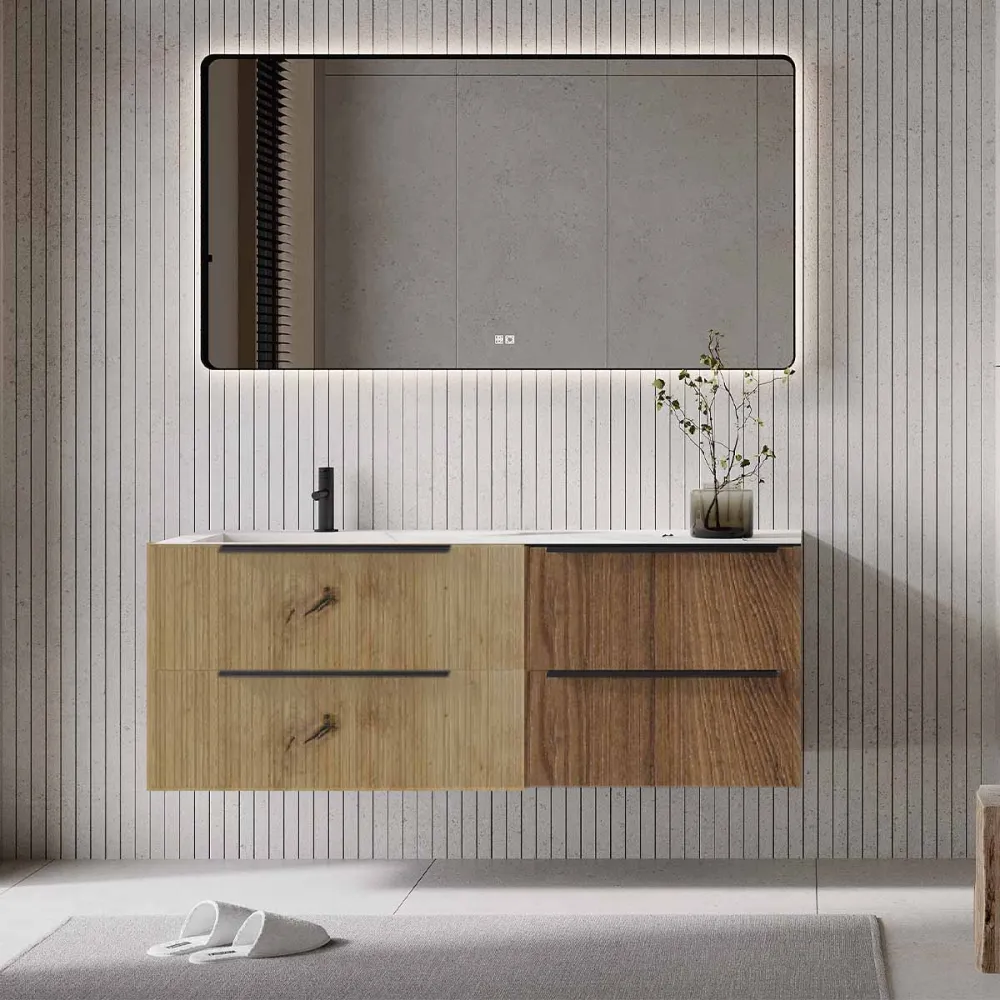 Set mobilier baie suspendat imitatie lemn , lavoar imitație marmura alba și oglindă, cu riflaje Plissetatto, 140 cm, Savin...