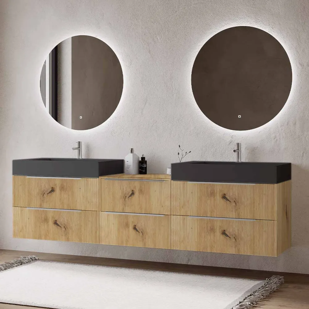 Set mobilier baie suspendat imitatie lemn, lavoar dublu negru mat pe blat și 2 oglinzi, cu riflaje Cannetatto, 220 cm, Sav...