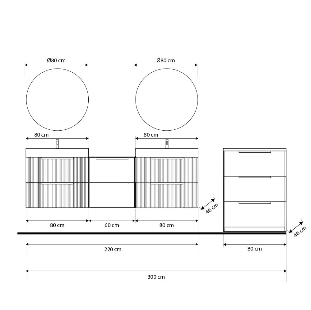Set mobilier baie suspendat imitatie lemn, lavoar dublu negru mat pe blat și 2 oglinzi, cu riflaje Cannetatto, 220 cm, Sav...