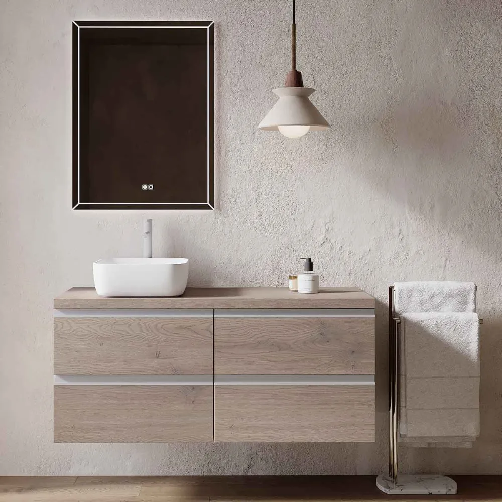 Set mobilier baie suspendat imitatie lemn gri, lavoar alb pe blat și oglindă, 120 cm, SaviniDue Jupiter