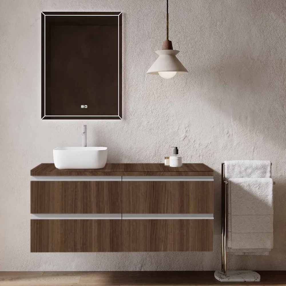 Set mobilier baie suspendat imitatie lemn inchis, lavoar alb pe blat și oglindă, 120 cm, SaviniDue Jupiter