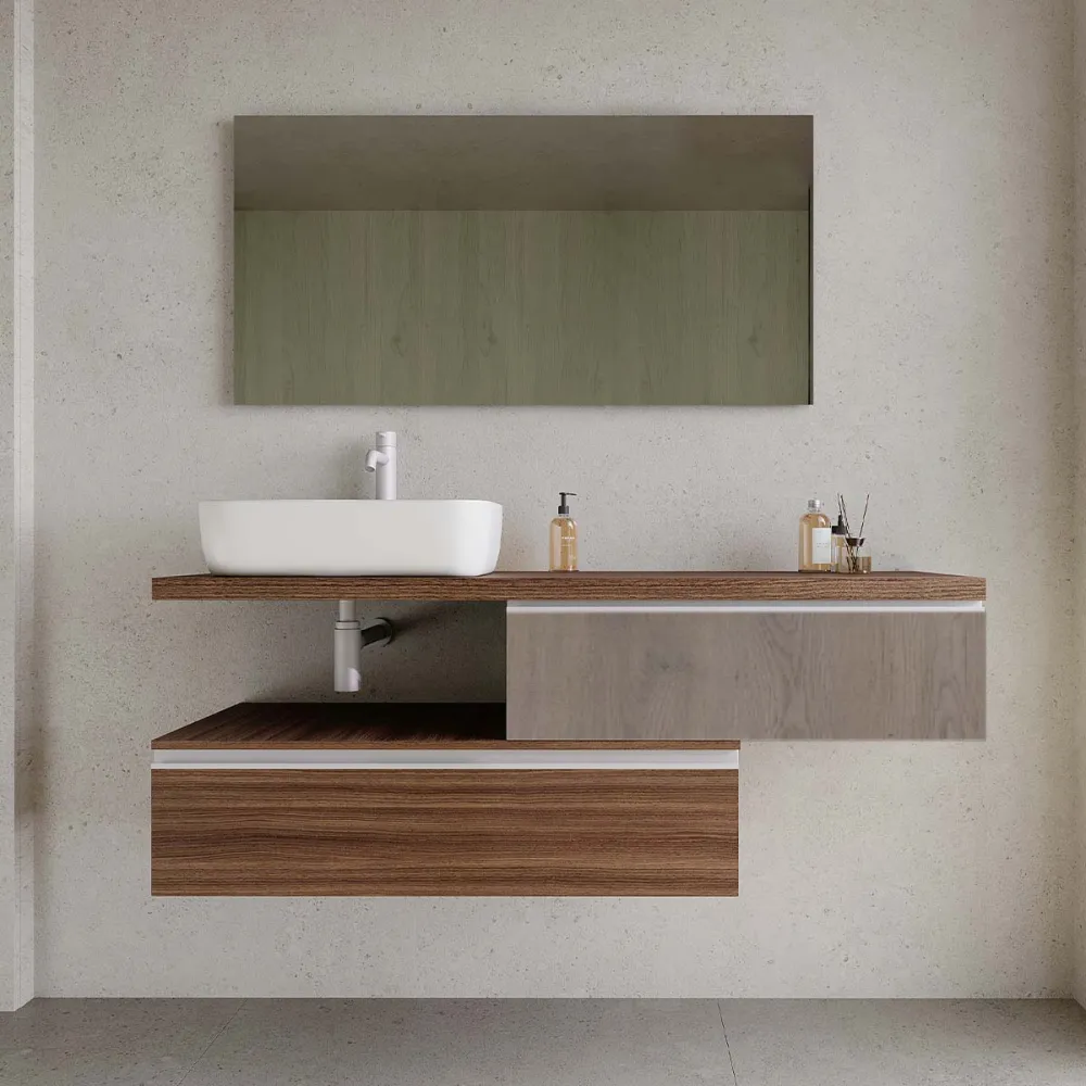 Set mobilier baie suspendat imitatie lemn inchis/gri, lavoar alb pe blat și oglindă, 140 cm, SaviniDue Jupiter