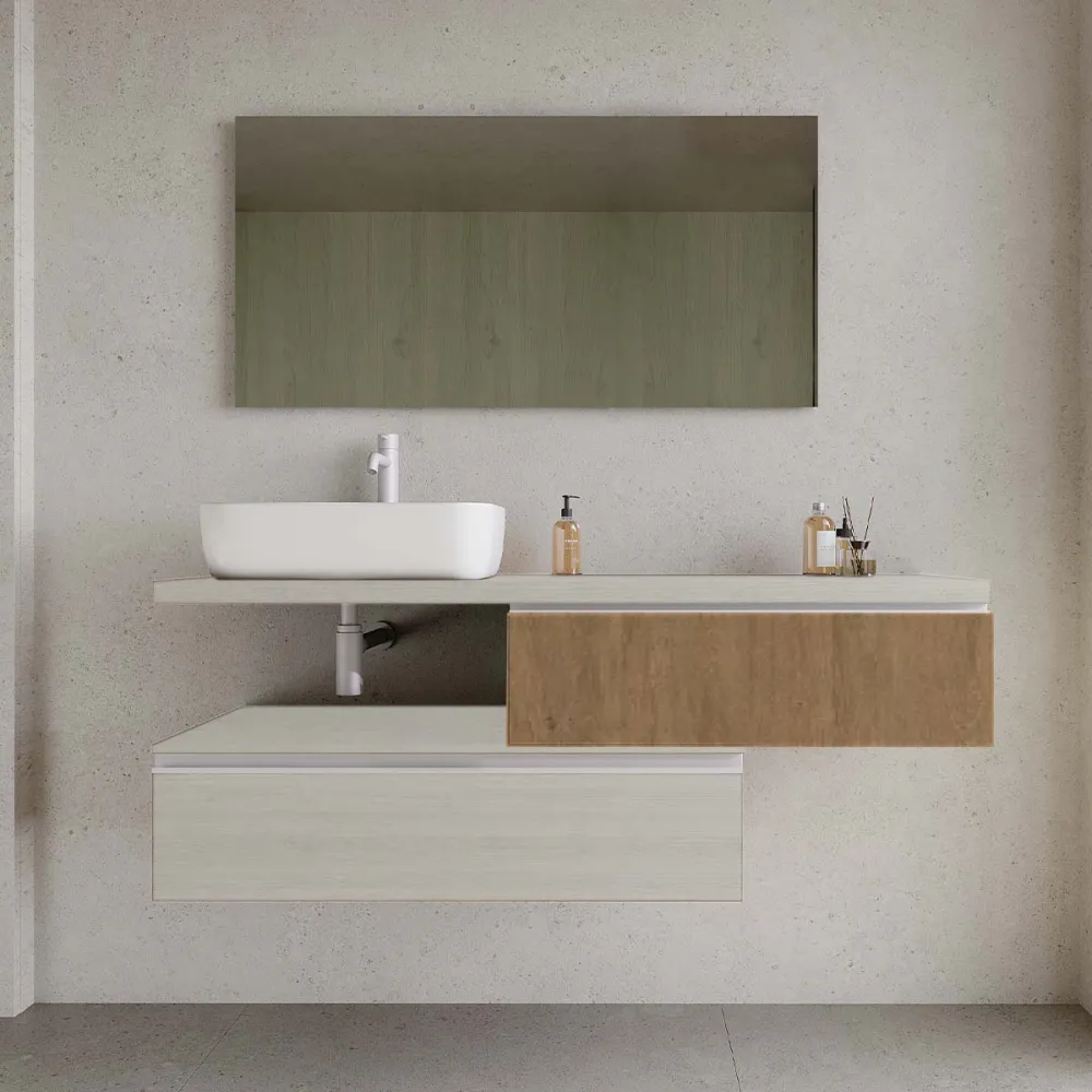 Set mobilier baie suspendat imitatie lemn gri/natur lavoar alb pe blat și oglindă, 140 cm, SaviniDue Jupiter