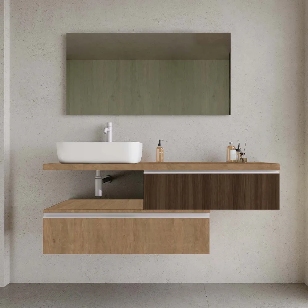 Set mobilier baie suspendat imitatie lemn natur/lemn inchis lavoar alb pe blat și oglindă, 140 cm, SaviniDue Jupiter