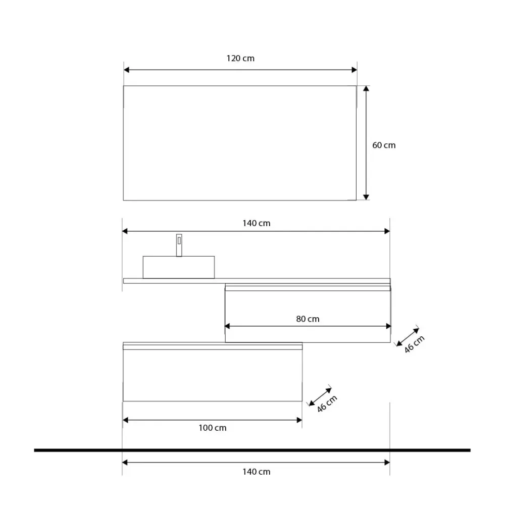 Set mobilier baie suspendat imitatie lemn natur/lemn inchis lavoar alb pe blat și oglindă, 140 cm, SaviniDue Jupiter