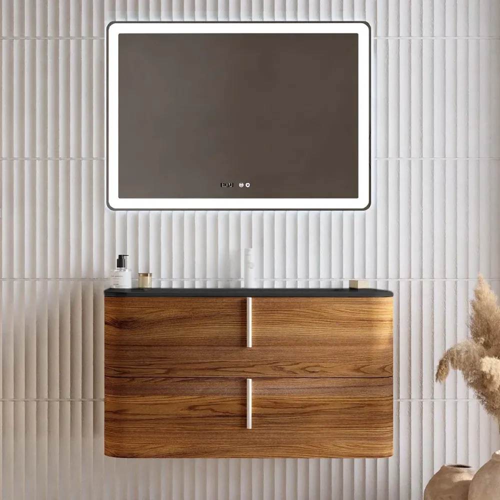 Set mobilier baie suspendat imitatie lemn, lavoar negru mat, oglinda, 100 cm, SaviniDue Lyra