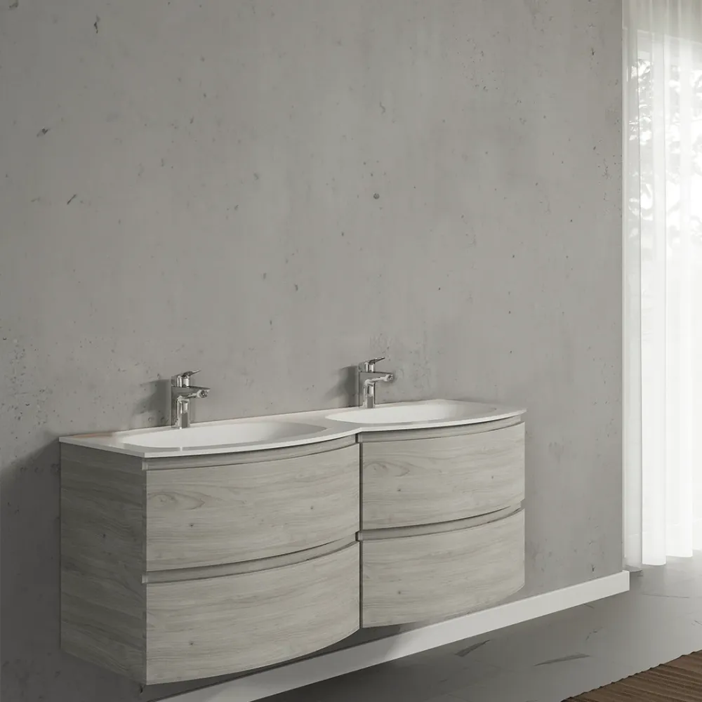 Set mobilier de baie suspendat, cu lavoar dublu incastrat, 140 cm, imitatie lemn, finisaj mat, Armonia, SaviniDue