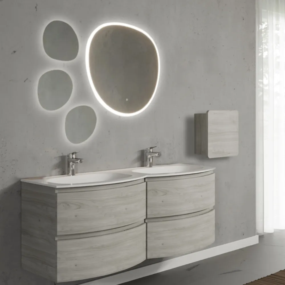 Set mobilier de baie suspendat, cu lavoar dublu incastrat, oglinda, corp suspendat, 140 cm, imitatie lemn, finisaj mat, Ar...