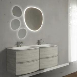 Set mobilier de baie suspendat, cu lavoar dublu incastrat si oglinda, 140 cm, imitatie lemn, finisaj mat, Armonia, SaviniDue