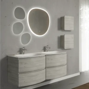 Set mobilier de baie suspendat, cu lavoar dublu incastrat, oglinda si 2 corpuri suspendate, 140 cm, imitatie lemn, finisaj...