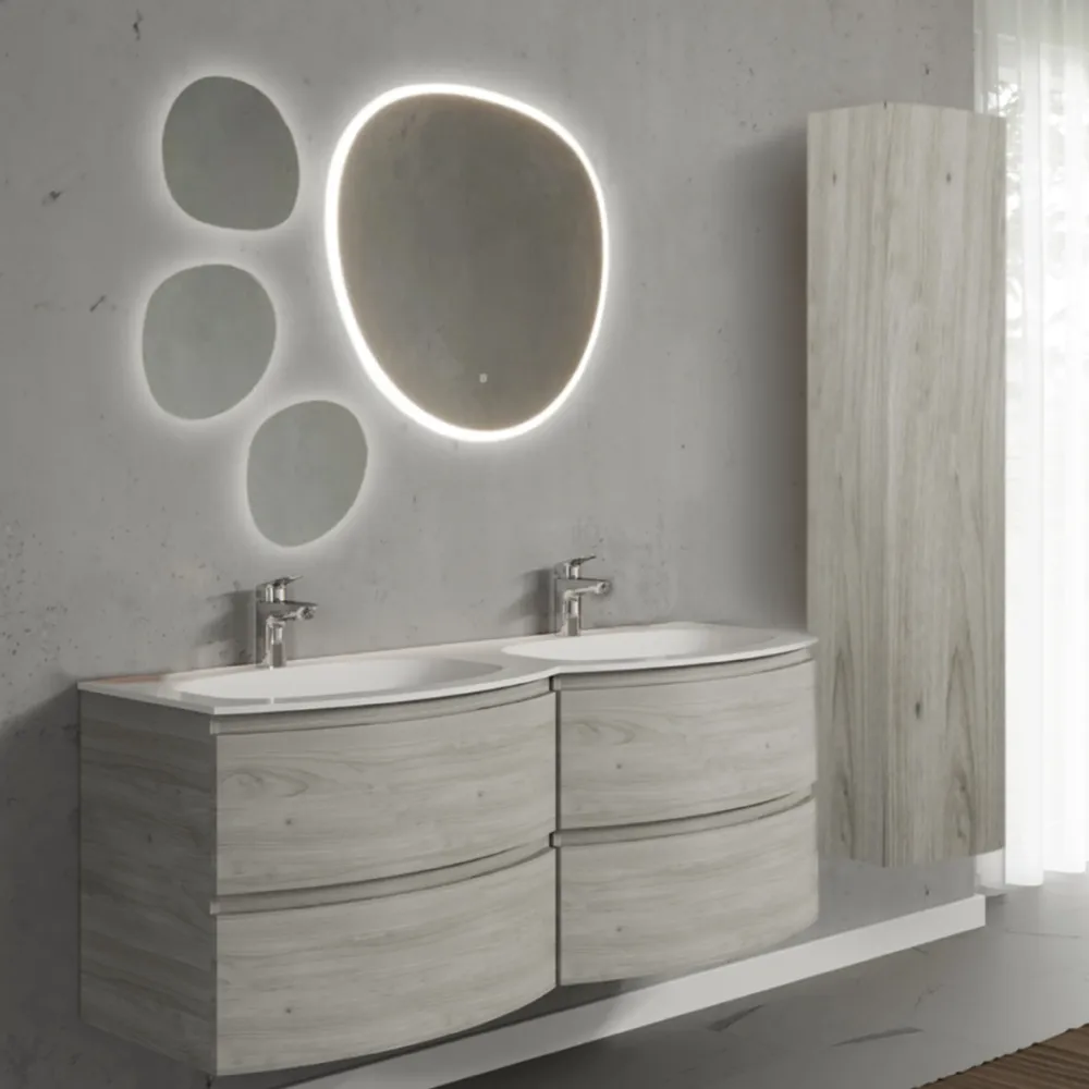 Set mobilier de baie suspendat, cu lavoar dublu incastrat, oglinda si coloana suspendata, 140 cm, imitatie lemn, finisaj m...