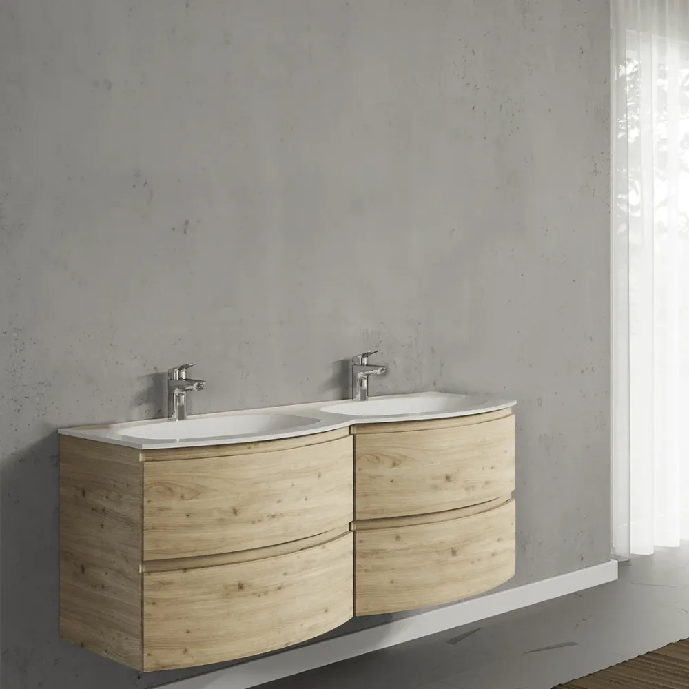 Set mobilier de baie suspendat, cu lavoar dublu incastrat, 140 cm, imitatie lemn natural, finisaj mat, Armonia, SaviniDue