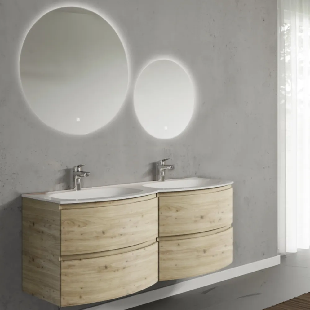 Set mobilier de baie suspendat, cu lavoar dublu incastrat si 2 oglinzi, 140 cm, imitatie lemn natur, finisaj mat, Armonia,...