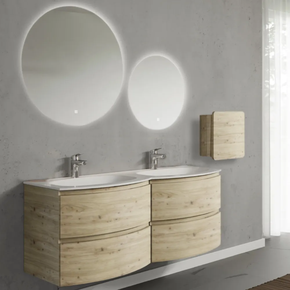 Set mobilier de baie suspendat, cu lavoar dublu incastrat, 2 oglinzi si corp suspendat, 140 cm, imitatie lemn natur, finis...