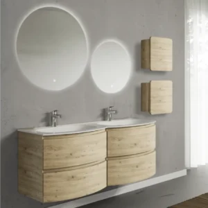 Set mobilier de baie suspendat, cu lavoar dublu incastrat, 2 oglinzi si 2 corpuri suspendate, 140 cm, imitatie lemn natur,...