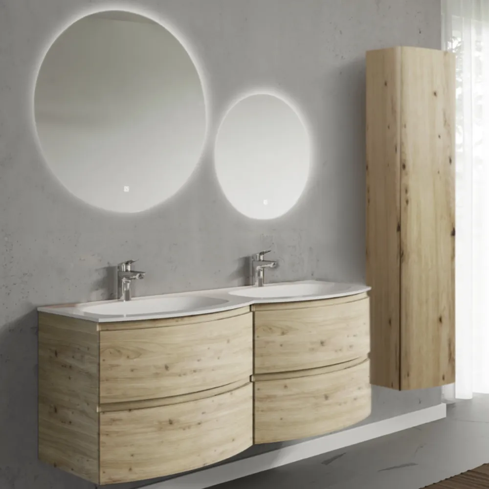 Set mobilier de baie suspendat, cu lavoar dublu incastrat, 2 oglinzi si coloana suspendata, 140 cm, imitatie lemn natur, f...