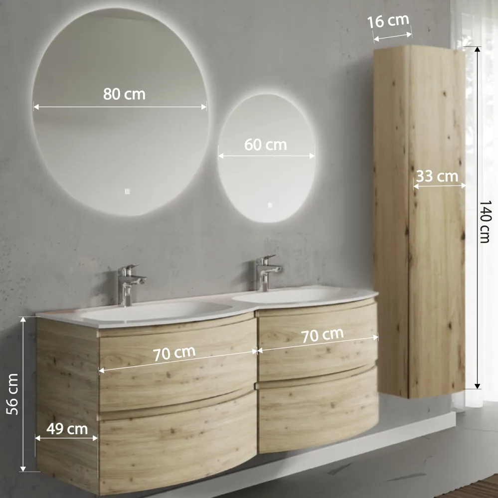 Set mobilier de baie suspendat, cu lavoar dublu incastrat, 2 oglinzi si coloana suspendata, 140 cm, imitatie lemn natur, f...