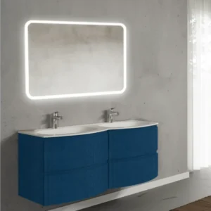 Set mobilier de baie suspendat, cu lavoar dublu incastrat si oglinda, 140 cm, albastru, finisaj mat, Armonia, SaviniDue