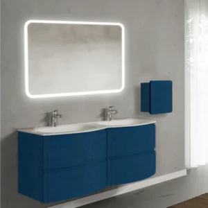 Set mobilier de baie suspendat, cu lavoar dublu incastrat, oglinda, corp suspendat, 140 cm, albastru, finisaj mat, Armonia...