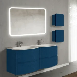 Set mobilier de baie suspendat, cu lavoar dublu incastrat, oglinda si 2 corpuri suspendate, 140 cm, albastru, finisaj mat,...