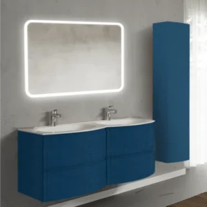 Set mobilier de baie suspendat, cu lavoar dublu incastrat, oglinda si dulap suspendata, 140 cm, albastru, finisaj mat, Arm...