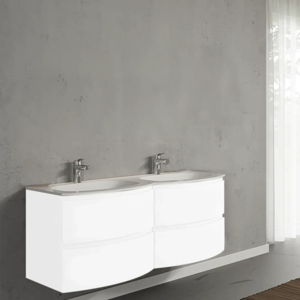 Set mobilier de baie suspendat, cu lavoar dublu incastrat, 140 cm, alb, finisaj lucios , Armonia, SaviniDue