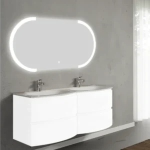 Set mobilier de baie suspendat, cu lavoar dublu incastrat si oglinda cu LED, 140 cm, alb, finisaj lucios, Armonia, SaviniDue