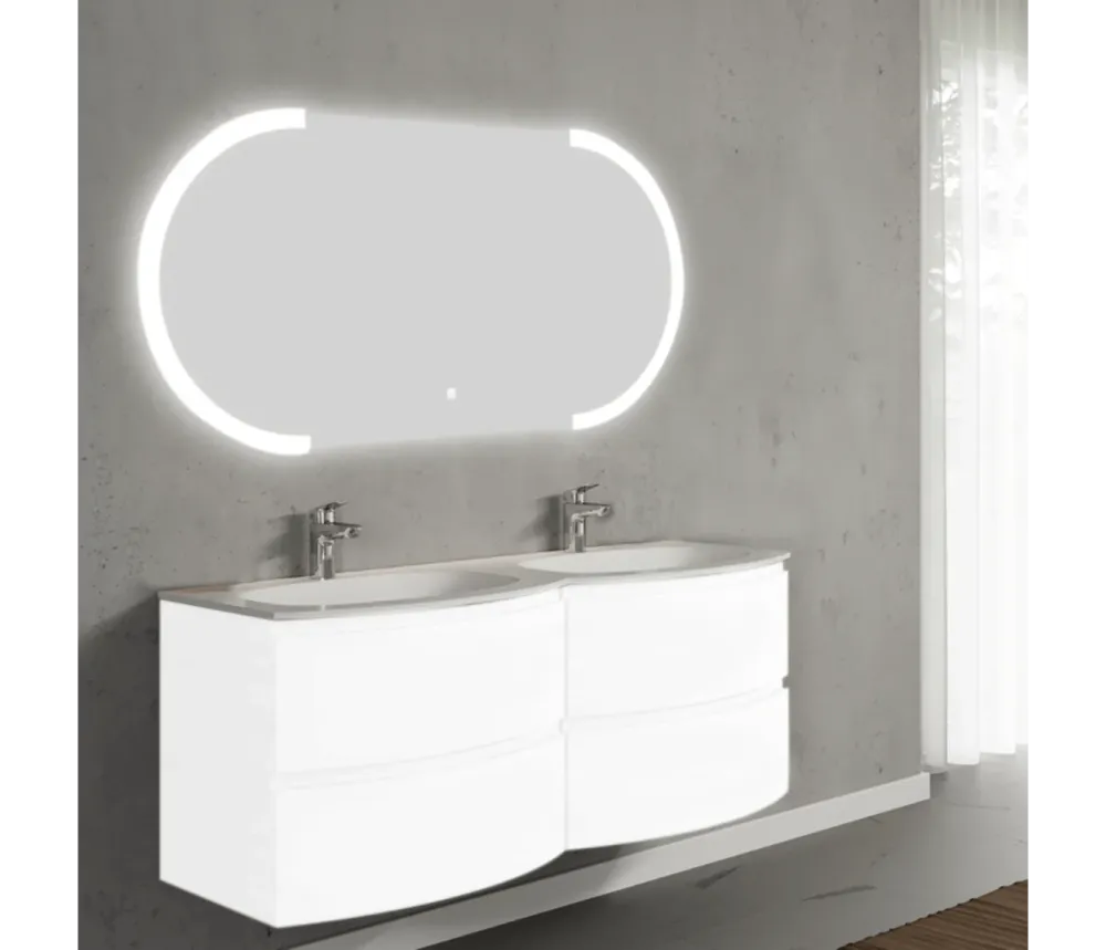 Set mobilier de baie suspendat, cu lavoar dublu incastrat si oglinda cu LED, 140 cm, alb, finisaj lucios, Armonia, SaviniDue