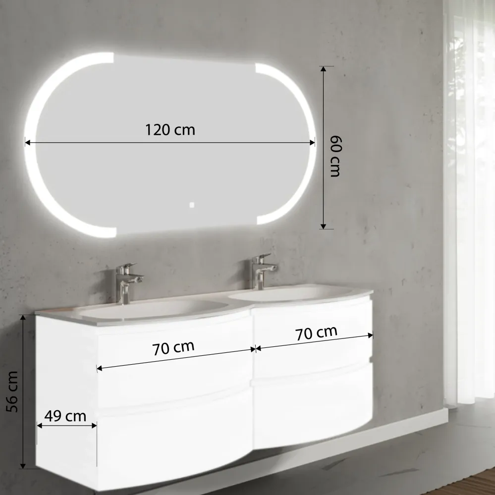 Set mobilier de baie suspendat, cu lavoar dublu incastrat si oglinda cu LED, 140 cm, alb, finisaj lucios, Armonia, SaviniDue