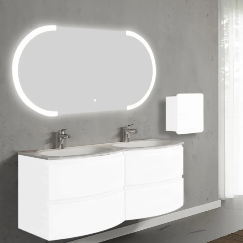 Set mobilier de baie suspendat, cu lavoar dublu incastrat, oglinda LED, corp suspendat, 140 cm, alb, finisaj lucios, Armon...