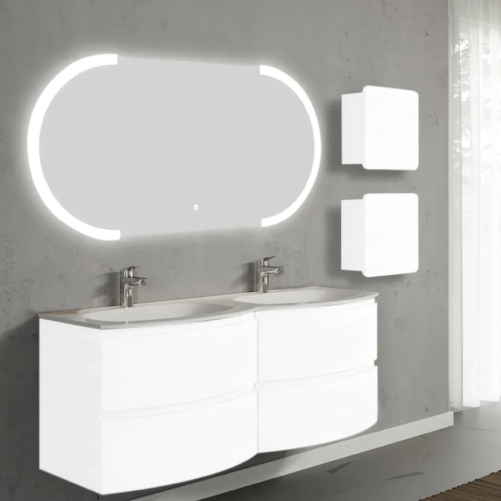 Set mobilier de baie suspendat, cu lavoar dublu incastrat, oglinda LED si 2 corpuri suspendate, 140 cm, alb, finisaj lucio...