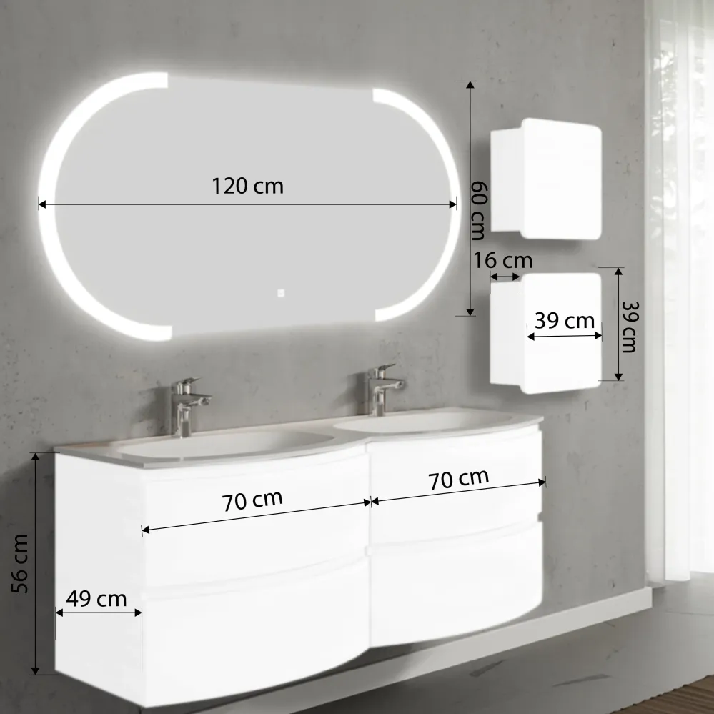 Set mobilier de baie suspendat, cu lavoar dublu incastrat, oglinda LED si 2 corpuri suspendate, 140 cm, alb, finisaj lucio...
