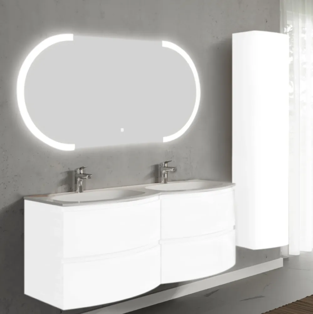 Set mobilier de baie suspendat, cu lavoar dublu incastrat, oglinda si dulap suspendata, 140 cm, alb, finisaj lucios, Armon...