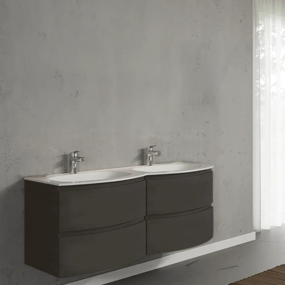 Set mobilier de baie suspendat, cu lavoar dublu incastrat, 140 cm, gri inchis, finisaj mat , Armonia, SaviniDue