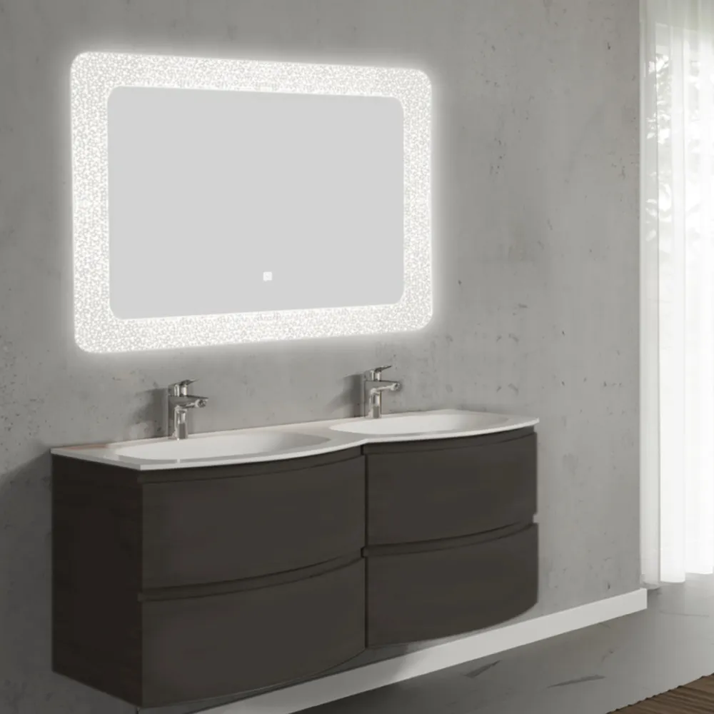 Set mobilier de baie suspendat, cu lavoar dublu incastrat si oglinda cu LED, 140 cm, gri inchis, finisaj mat, Armonia, Sav...