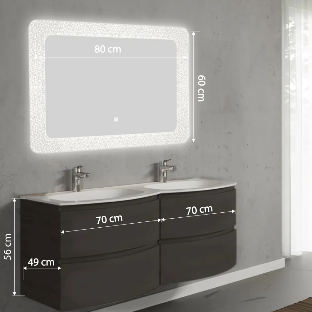 Set mobilier de baie suspendat, cu lavoar dublu incastrat si oglinda cu LED, 140 cm, gri inchis, finisaj mat, Armonia, Sav...