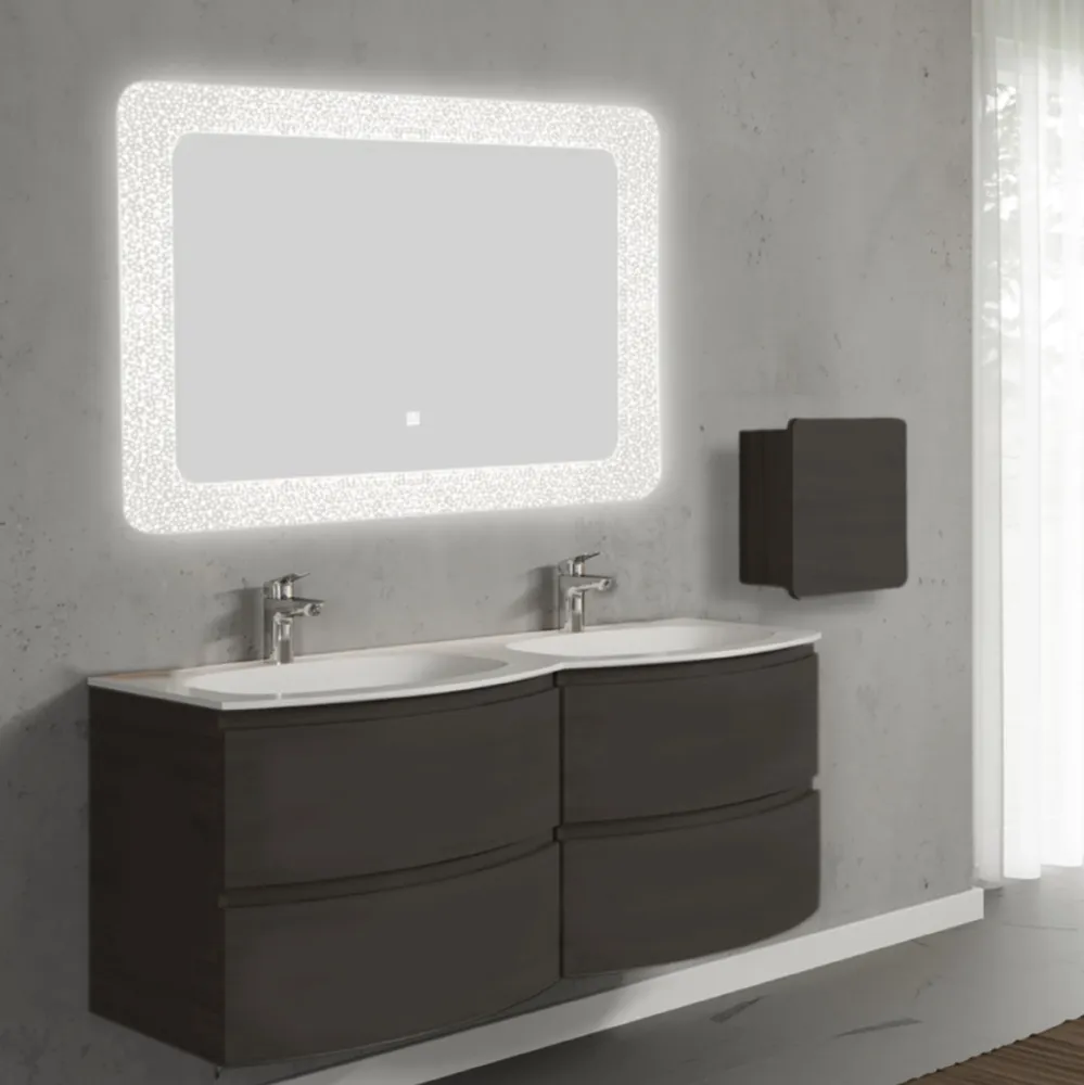 Set mobilier de baie suspendat, cu lavoar dublu incastrat, oglinda LED, corp suspendat, 140 cm, gri inchis, finisaj mat, A...